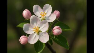 photo of Honeycrisp blossoms (white-pink apple flowers) helps readers recognize the pollination stage